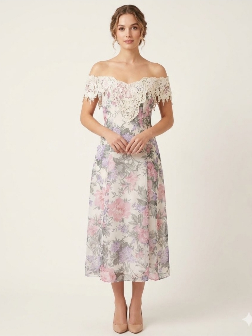 Vintage Jessica Mcclintock Bridal Floral Dress Lace off the Shoulder Dress